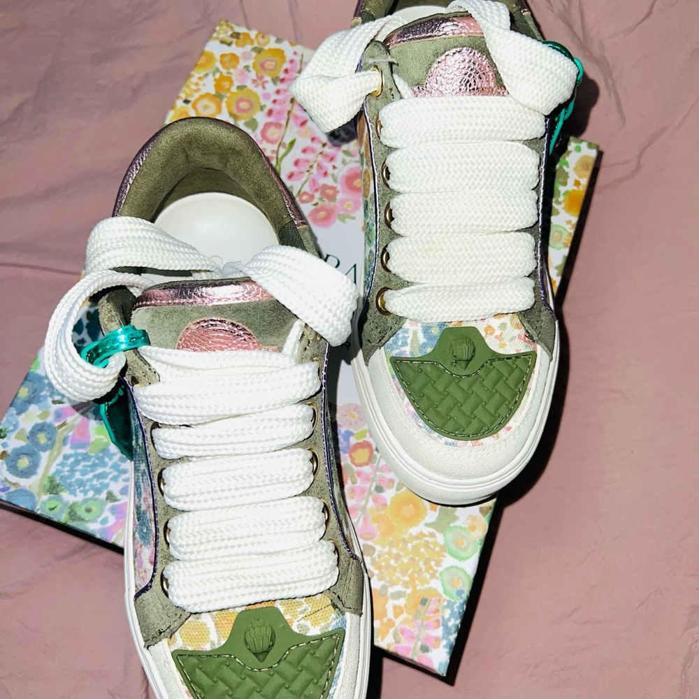 Kurt Geiger White and Green Sneakers with Suede Accents